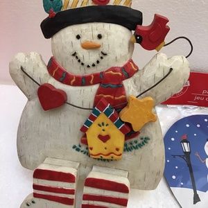 Vintage Carved Wooden Snowman Hand Decorated Christmas Container and Paddle Ball